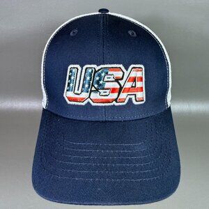 USA American Flag Patriotic Hat Blue White Mesh Snapback Cap OS Golf Tennis Sun